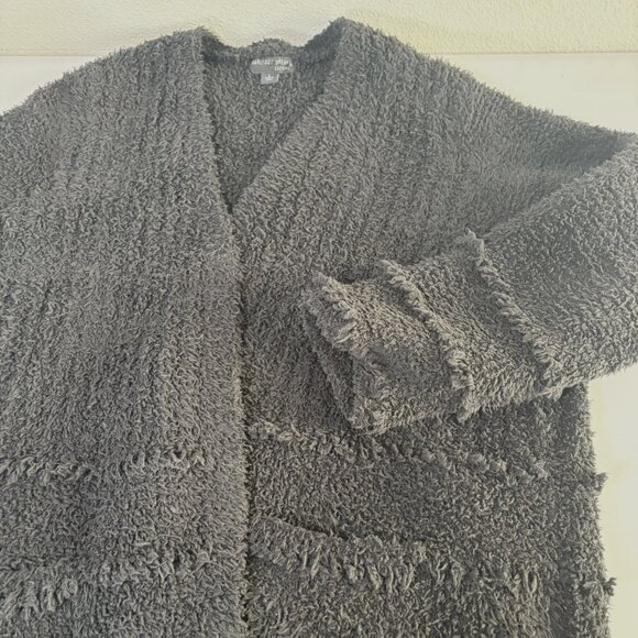 Barefoot Dreams CozyChic Boardwalk Cardigan Size L Black Fringe Open Front Knit - Picture 9 of 10